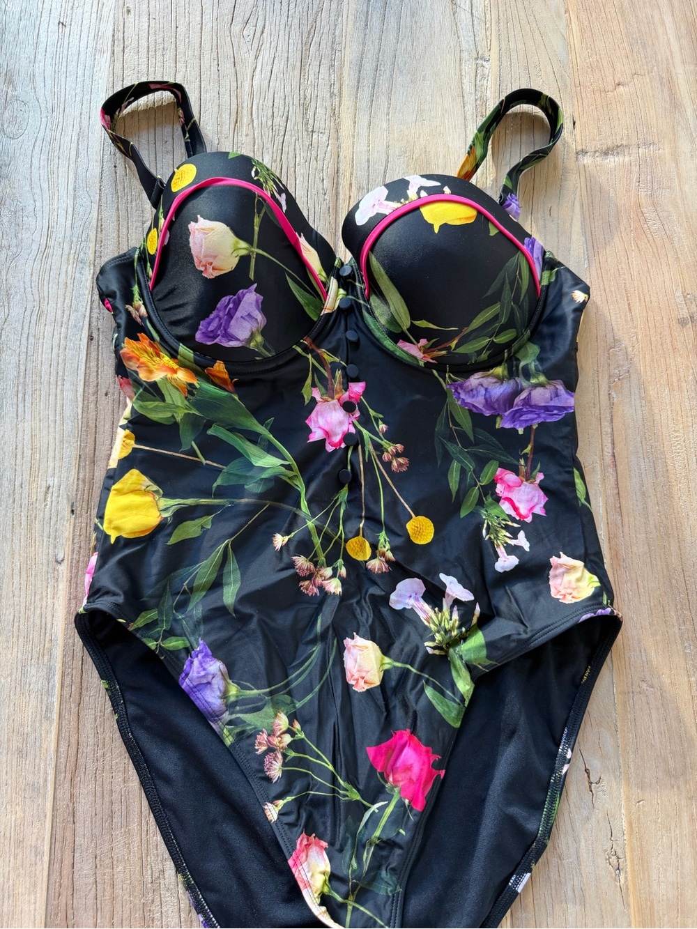 Ted Baker Black Floral One-Piece Swimsuit with Pink Trim